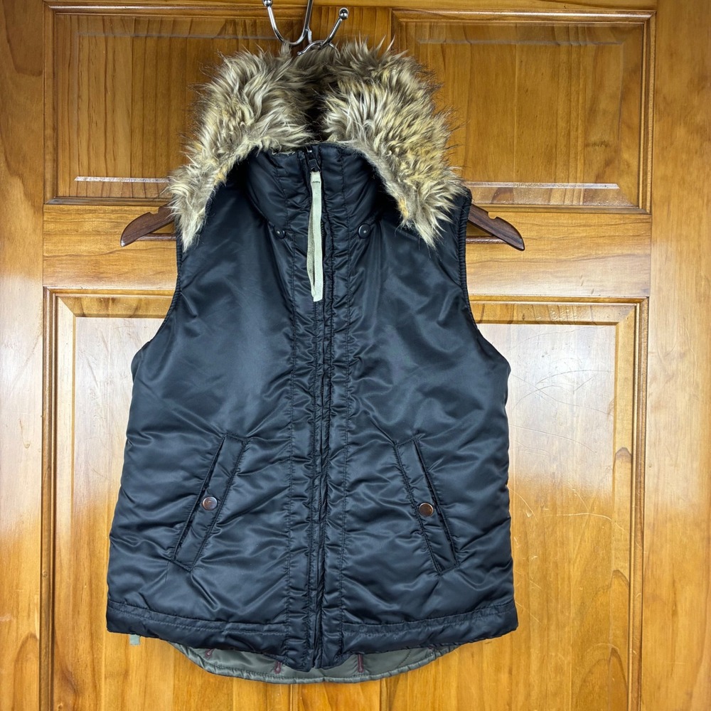 Da-Nang Peace Force Reversible Hooded Puffer Vest Embroidered Faux Fur XS